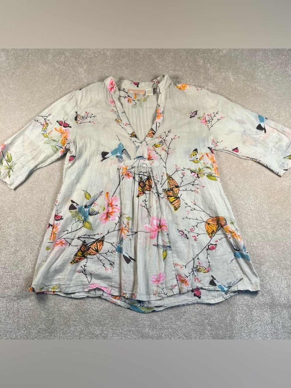 Butterfly Tunic Lightweight 100% Cotton Fairy 3 Quarter Sleeve V Neck Women's S